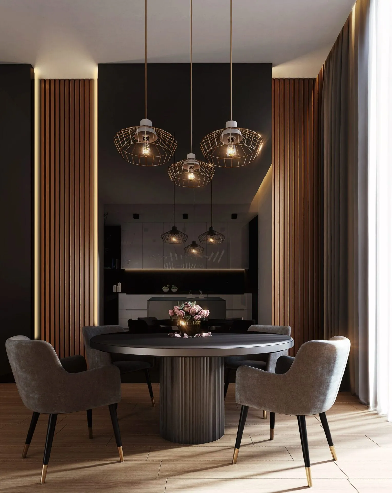 Modern dining area with timber slat wall and woven pendant lights
