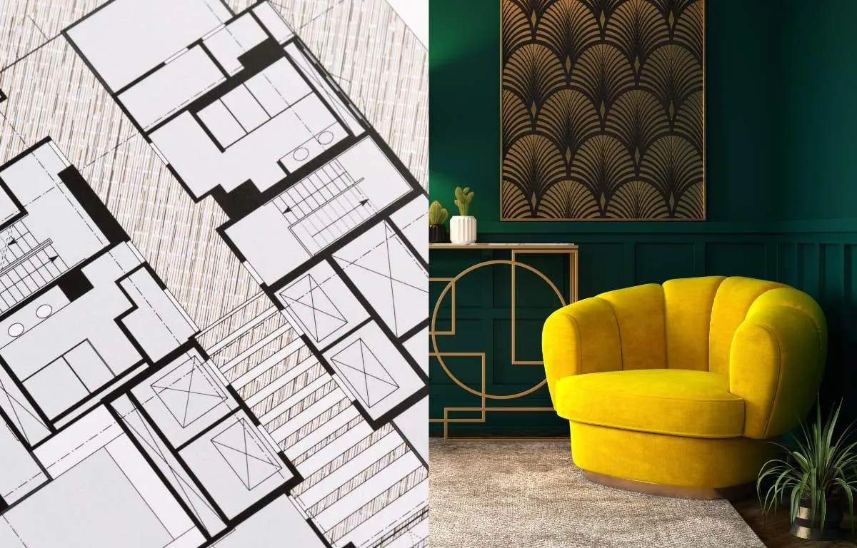 A 2D floor plan beside a 3D render of a green living room with a yellow armchair