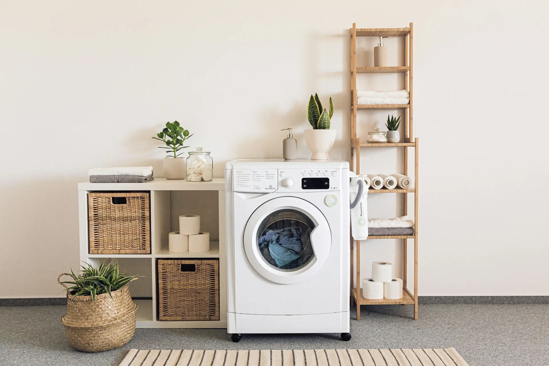 Front-load washer flanked by open shelves with woven storage baskets