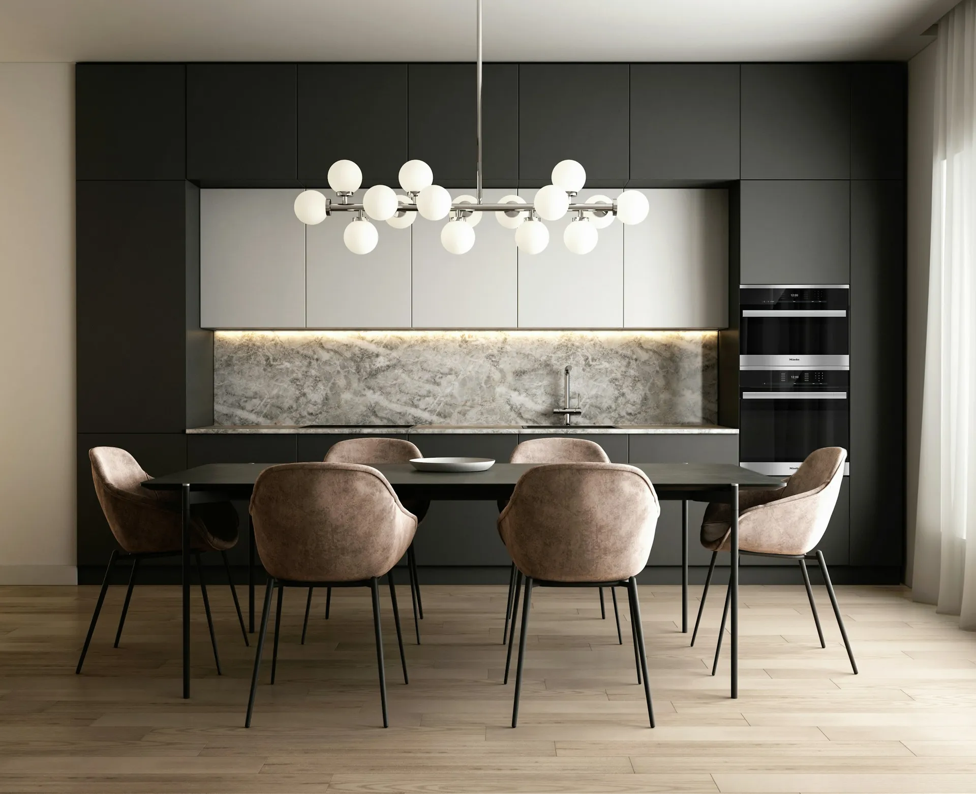 Living room with warm cove lighting in the false ceiling and a pendant over the coffee table