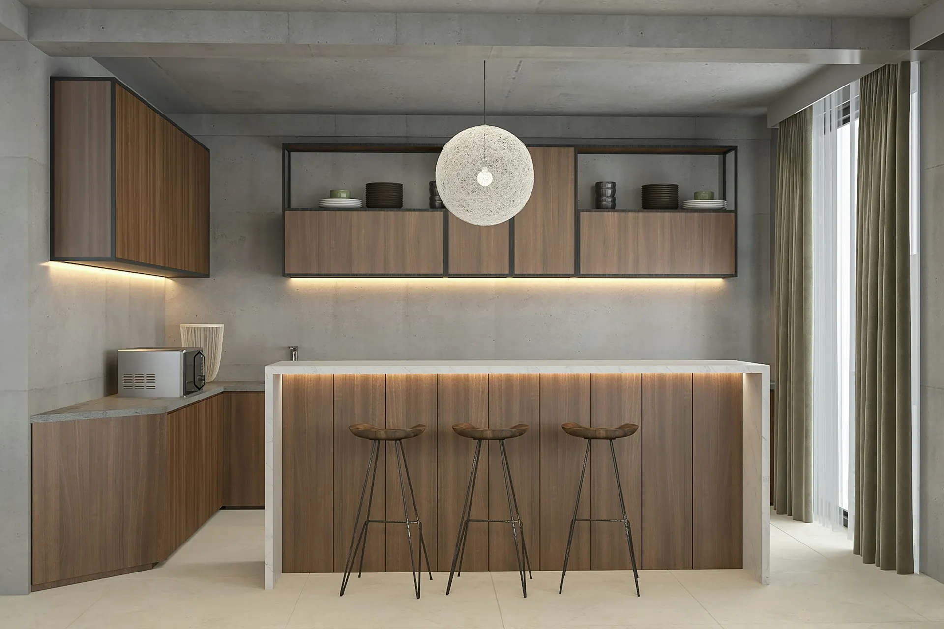 Modern kitchen with wood cabinets, an island bar counter and warm under-cabinet lighting