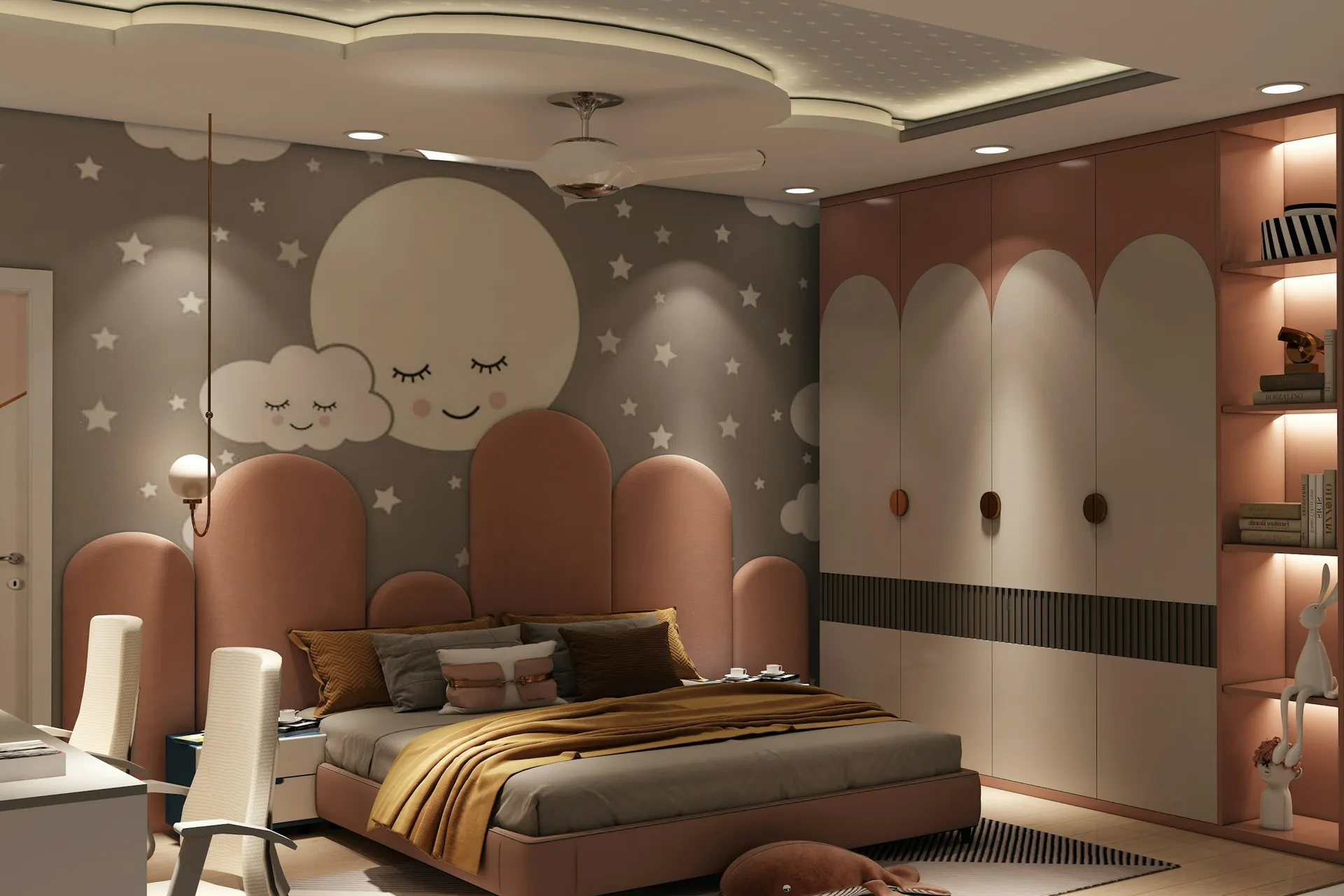 Kids' bedroom with a cloud and moon themed headboard wall and soft cove lighting