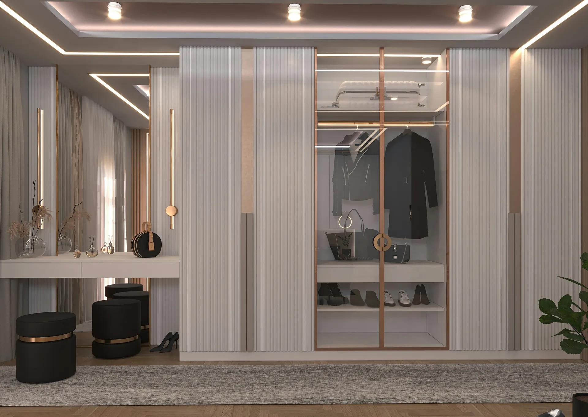 White wardrobe wall with LED-lit open shelves and a built-in dressing table