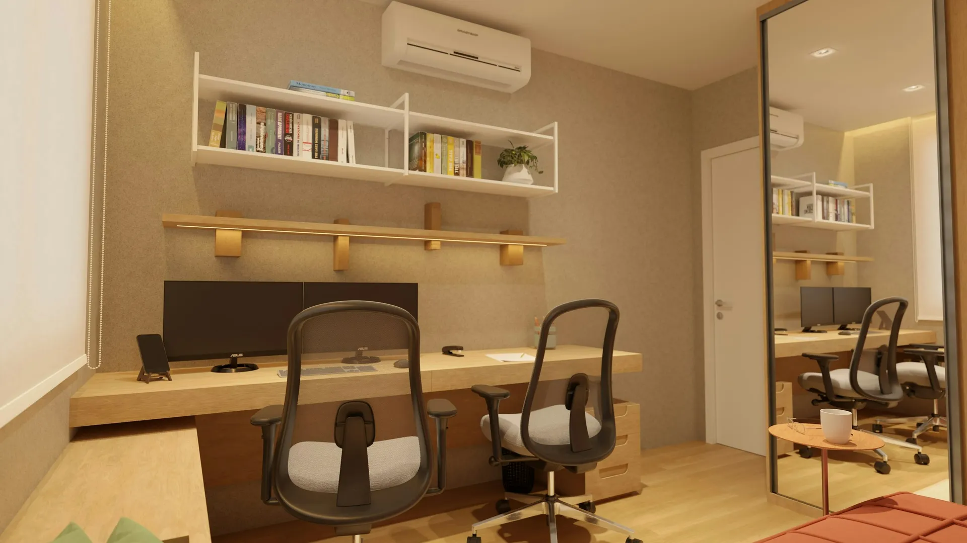 Home study with a long desk, two office chairs and open wall shelves