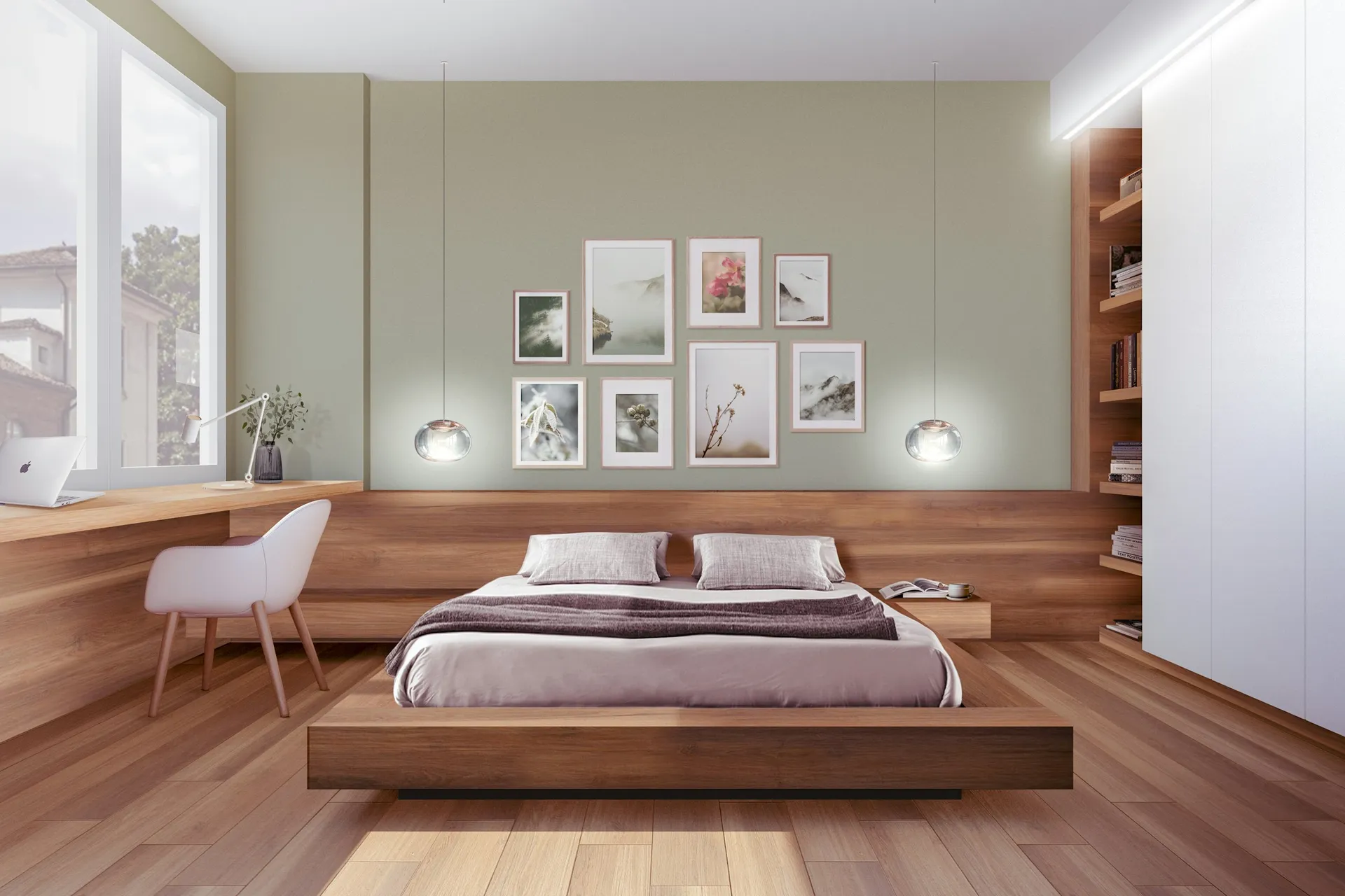 Low wooden platform bed with storage drawers in a calm minimalist bedroom