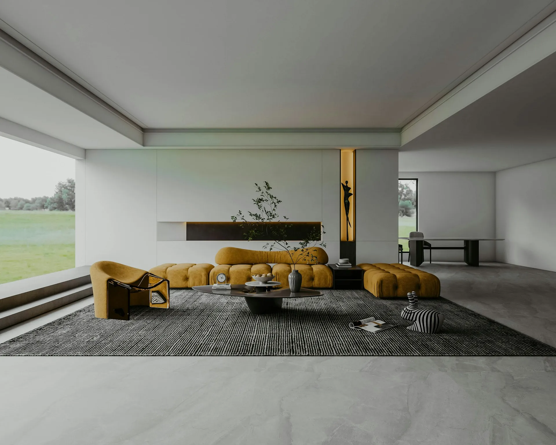 Photorealistic 3D rendering of a modern living room with sofa, timber flooring and pendant lights