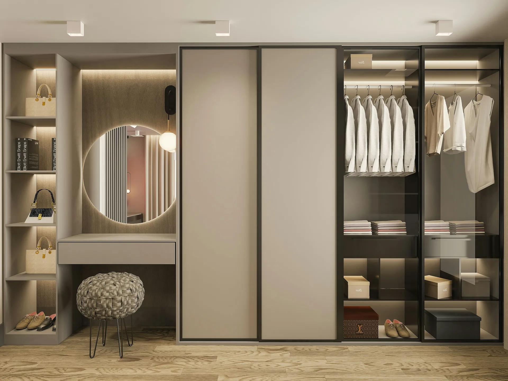 Full-height built-in wardrobe with flush doors in a bright modern bedroom