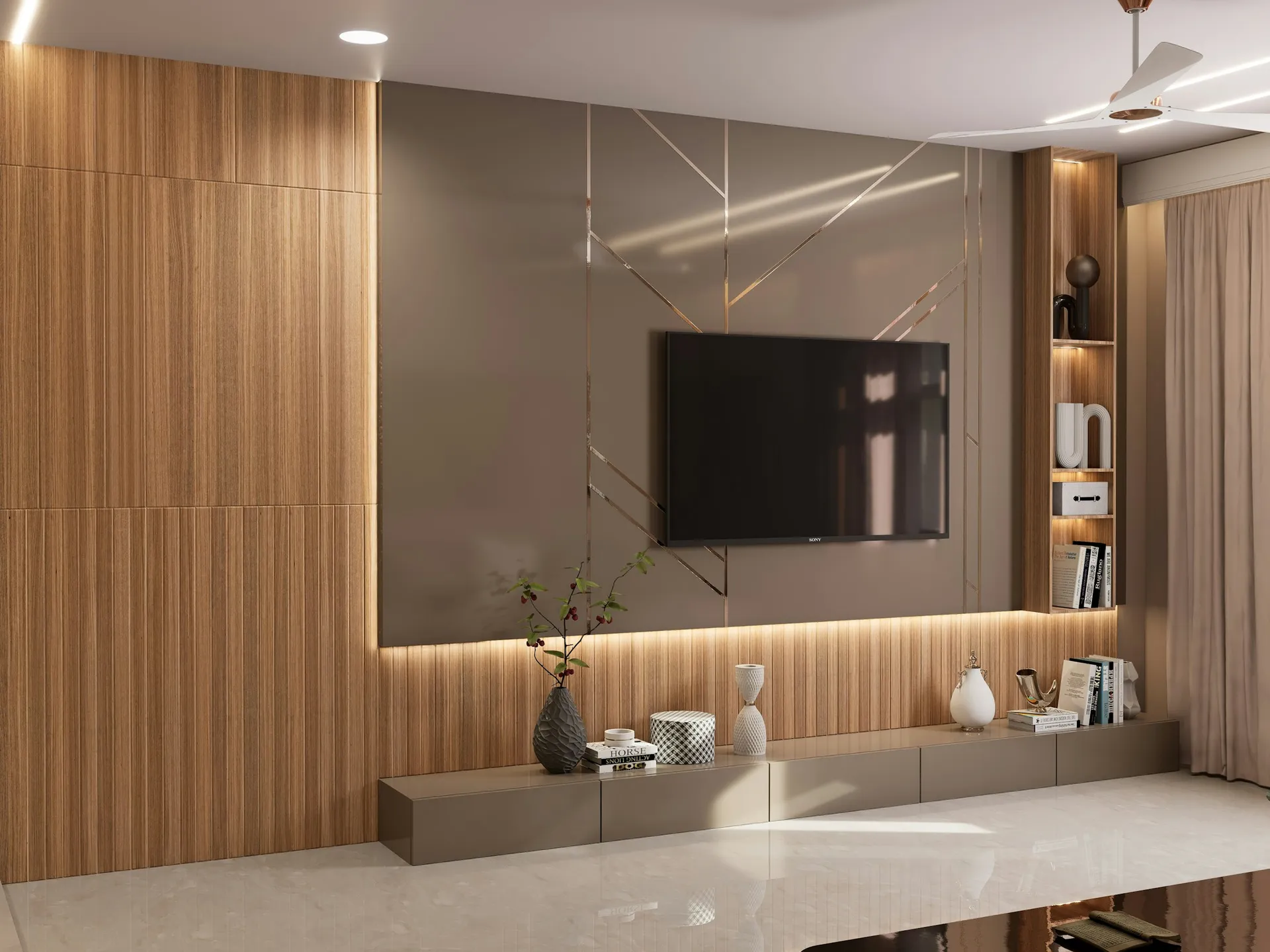 TV feature wall with vertical timber slats, hidden LED strip and a floating console