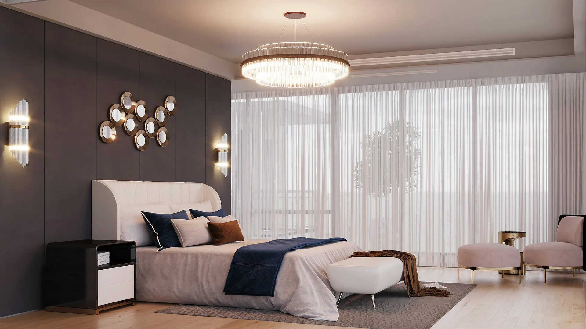 Master bedroom with sheer curtains, a dark accent wall and a modern ceiling light