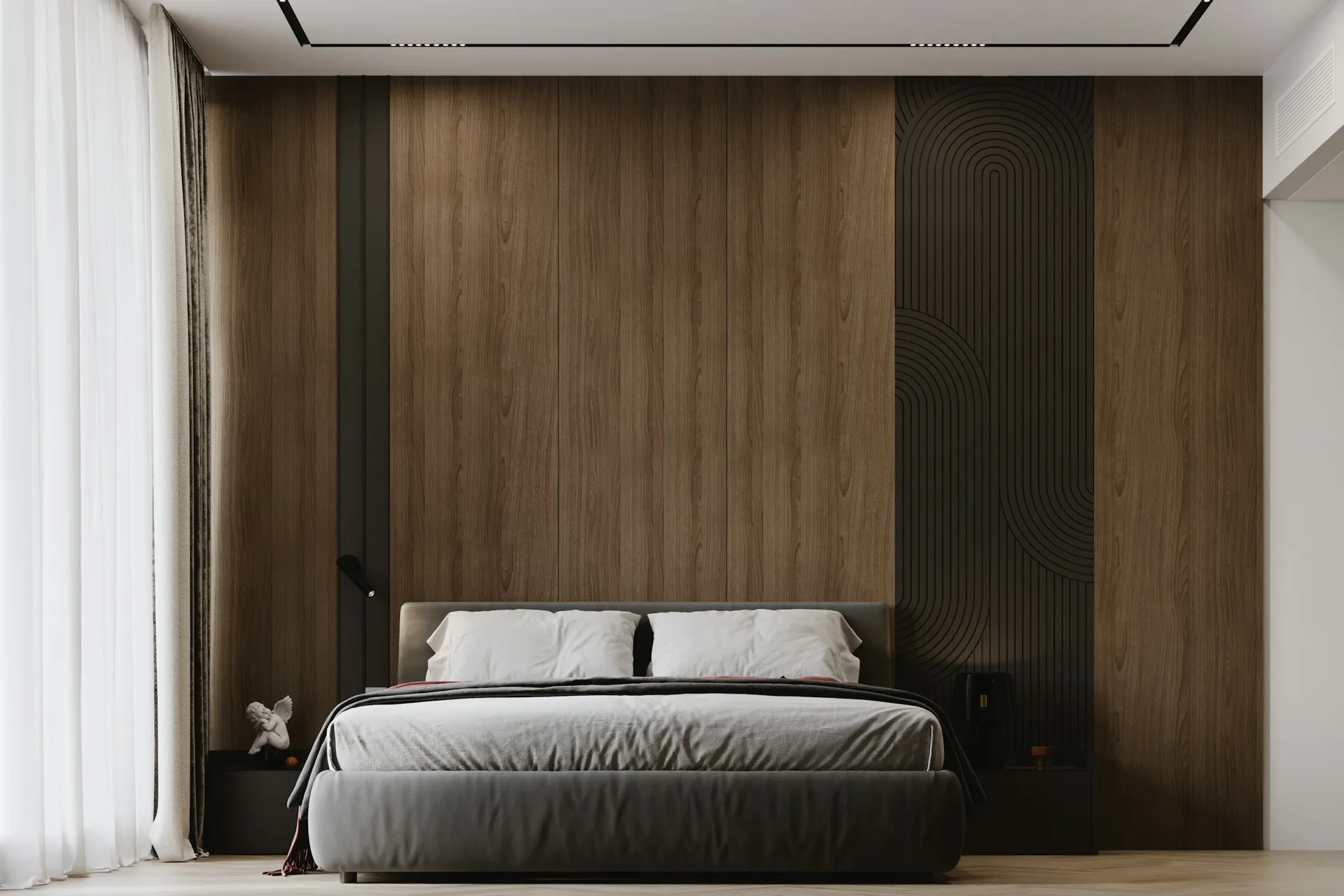 Grey bed against a full-height wood-panelled headboard wall