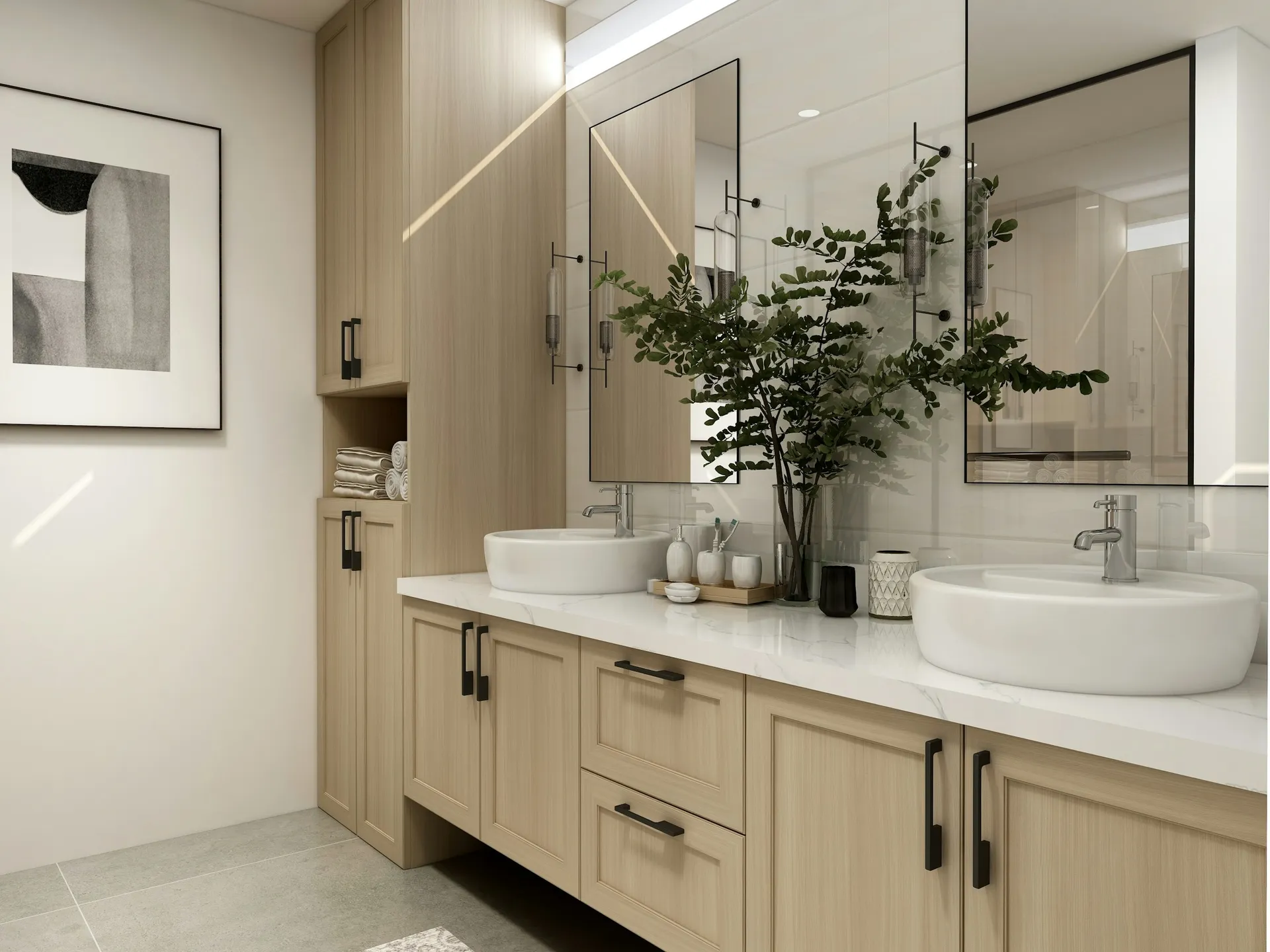 Light wood bathroom vanity with drawers, an open niche shelf and wall mirror