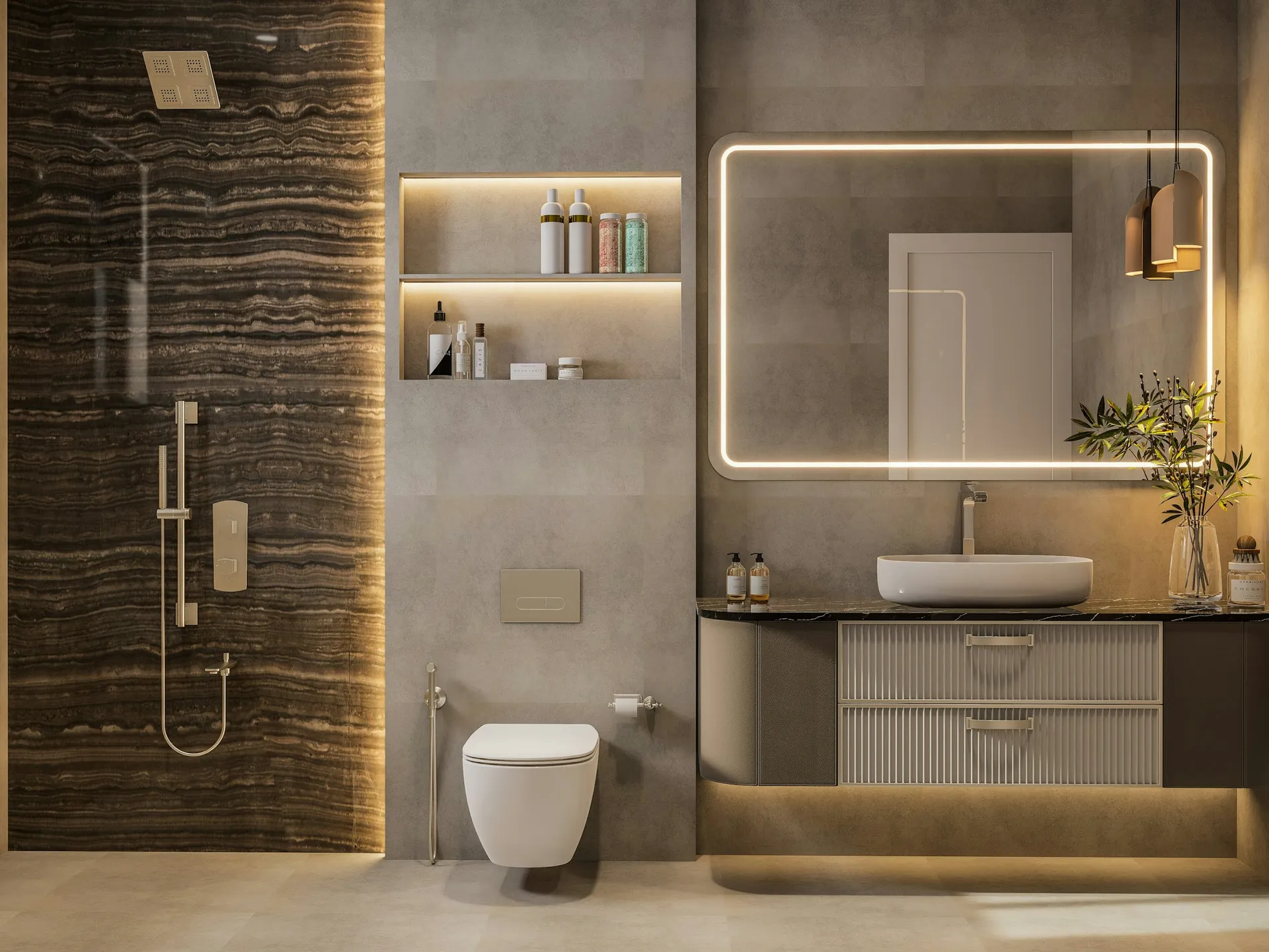 Modern bathroom with a wall-hung toilet, rain shower set and water-efficient fittings