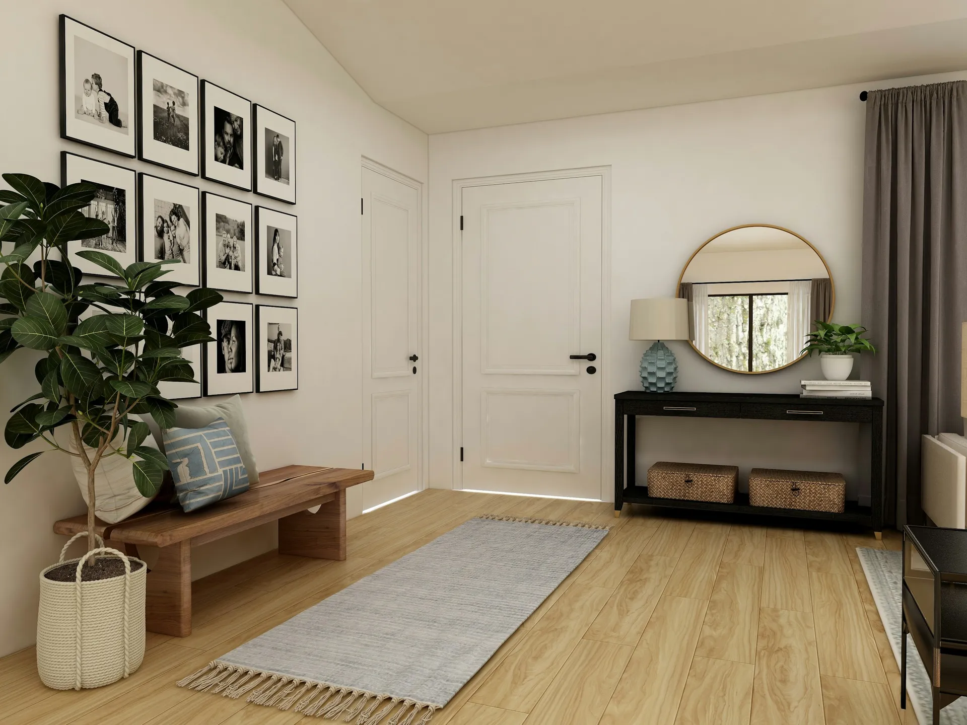 Bright foyer with a wooden bench, console table, round mirror and gallery wall