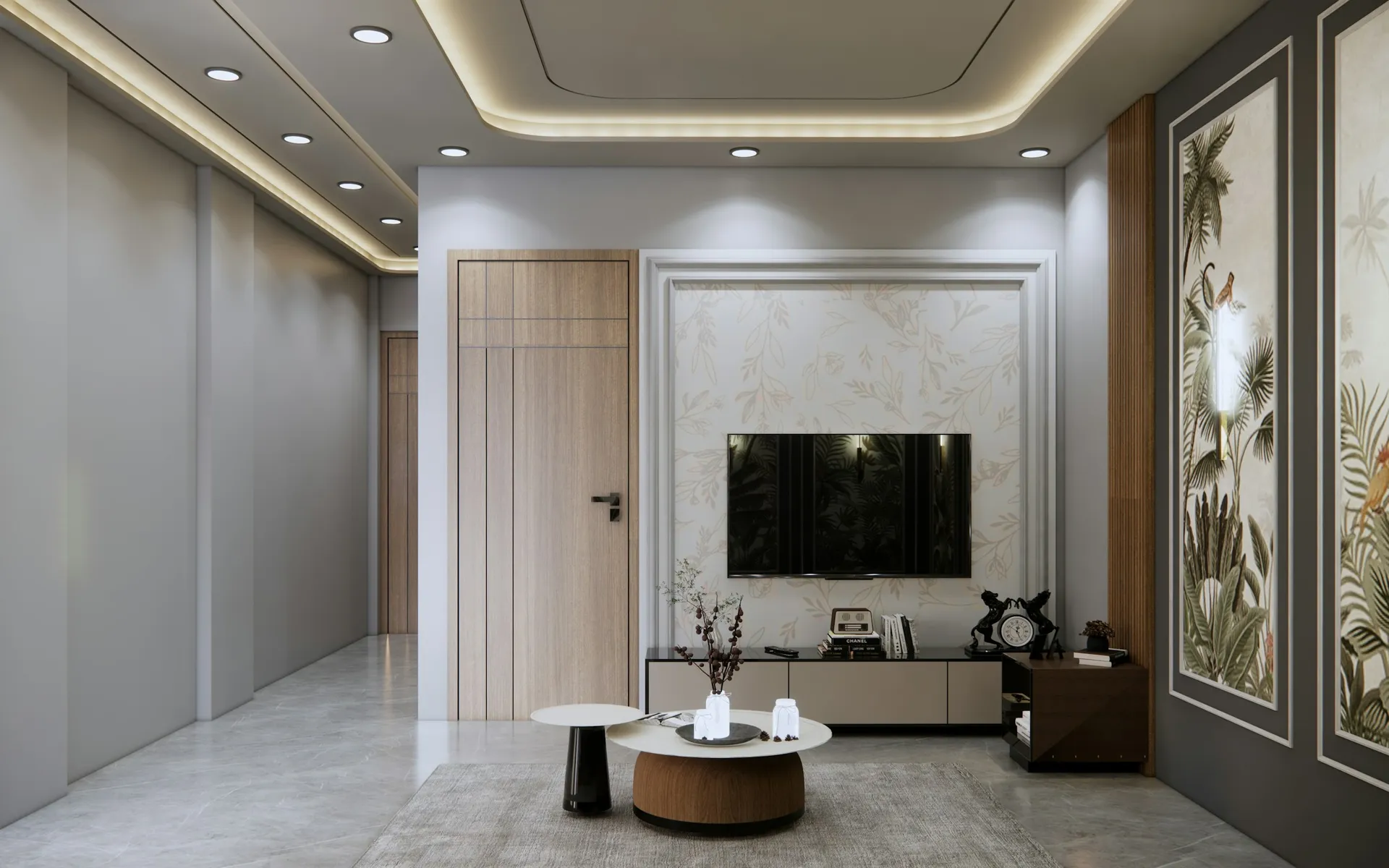 Living room with a white gypsum false ceiling, warm cove lighting around the edge and recessed downlights