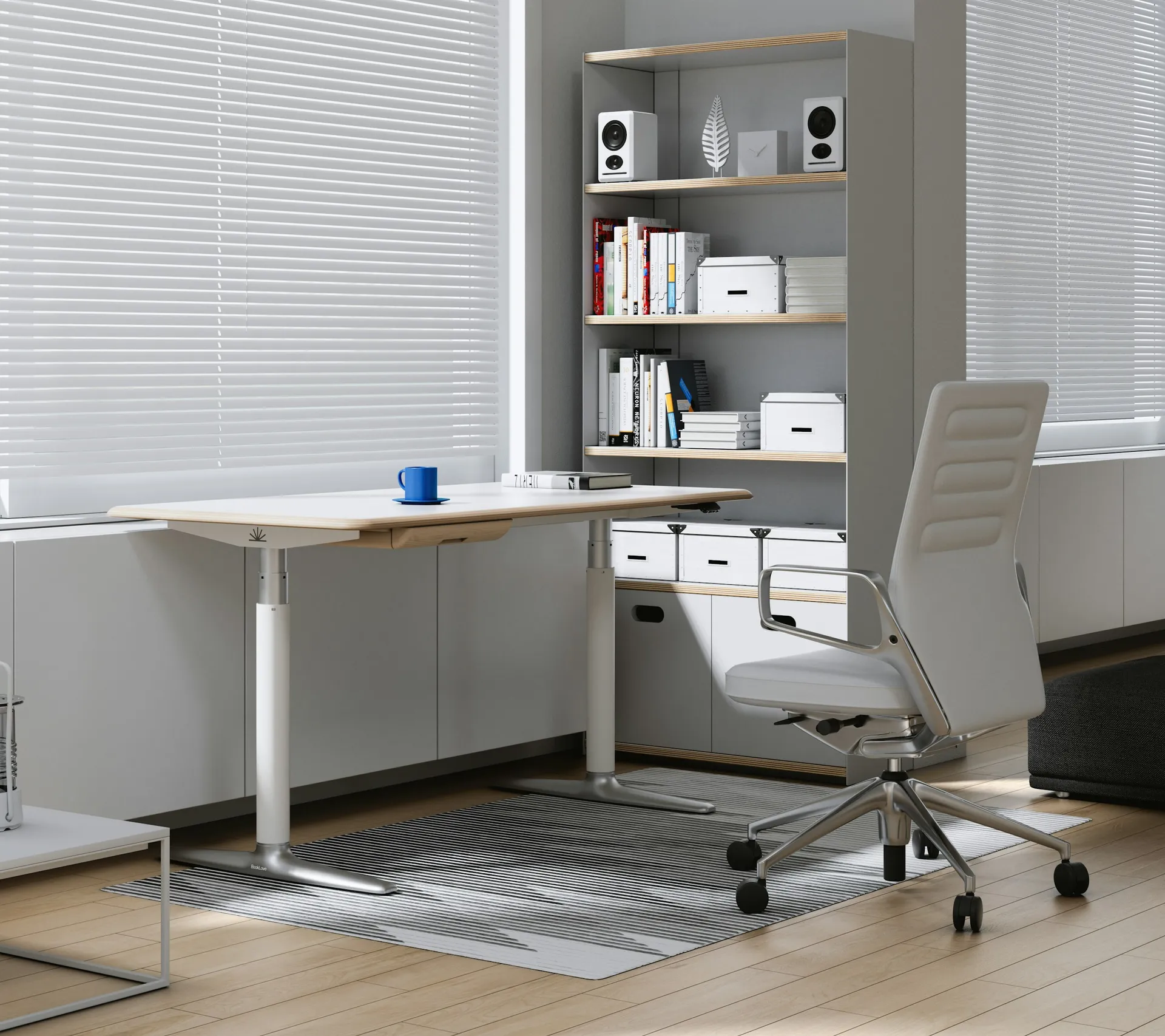 Bright home office with a white sit-stand desk beside the window and a shelf unit